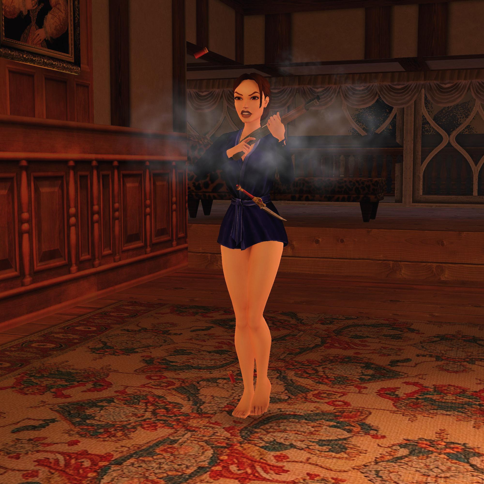 Lara Croft defending Croft Manor from Fiamma Nera with a shotgun.