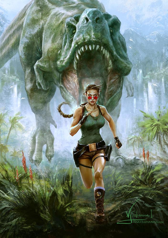 Lara Croft running away from the T-Rex.