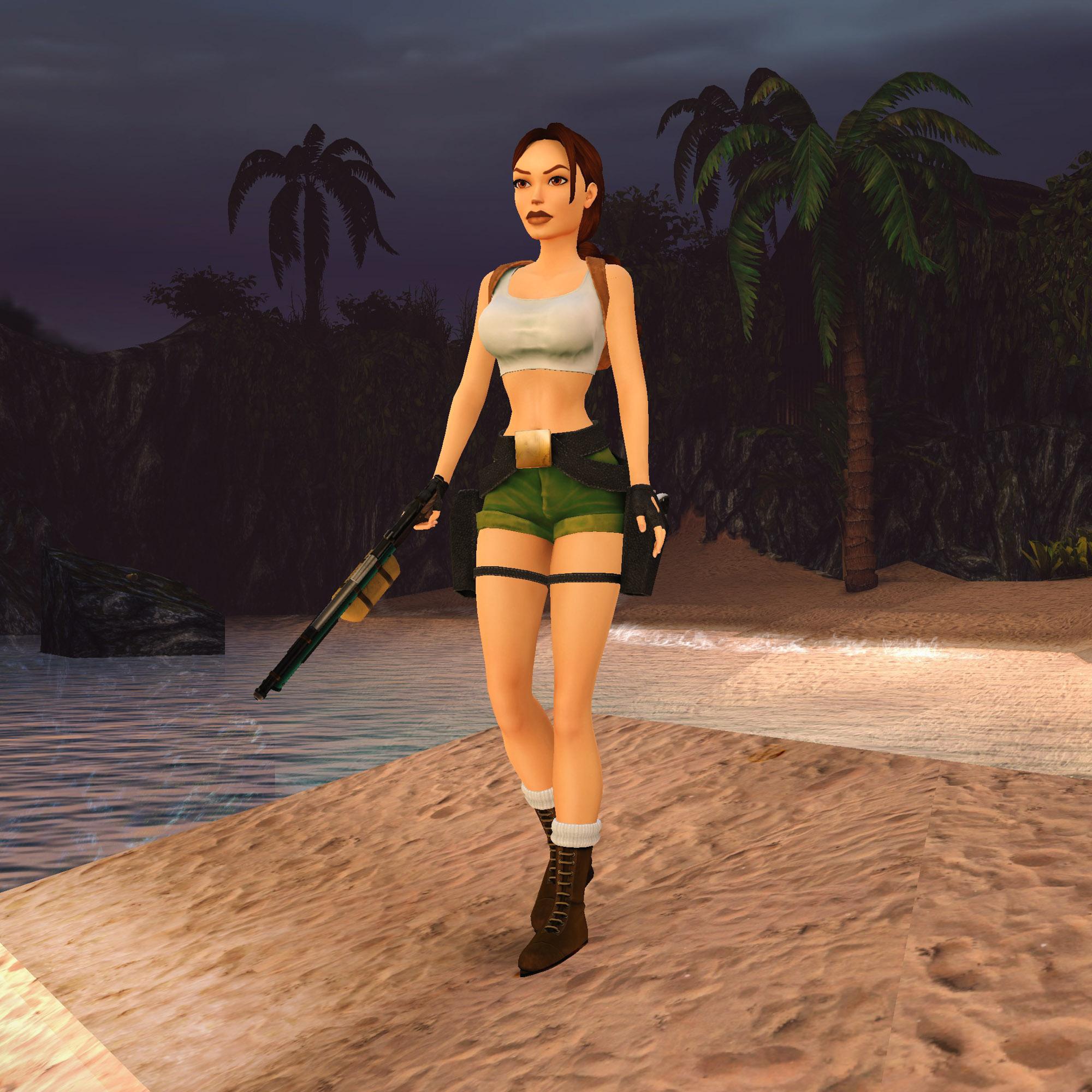 Lara Croft in the South Pacific, holding a harpoon gun.