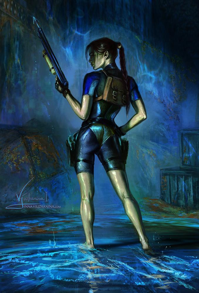 Lara Croft holding a harpoon gun in the Wreck of Maria Doria.