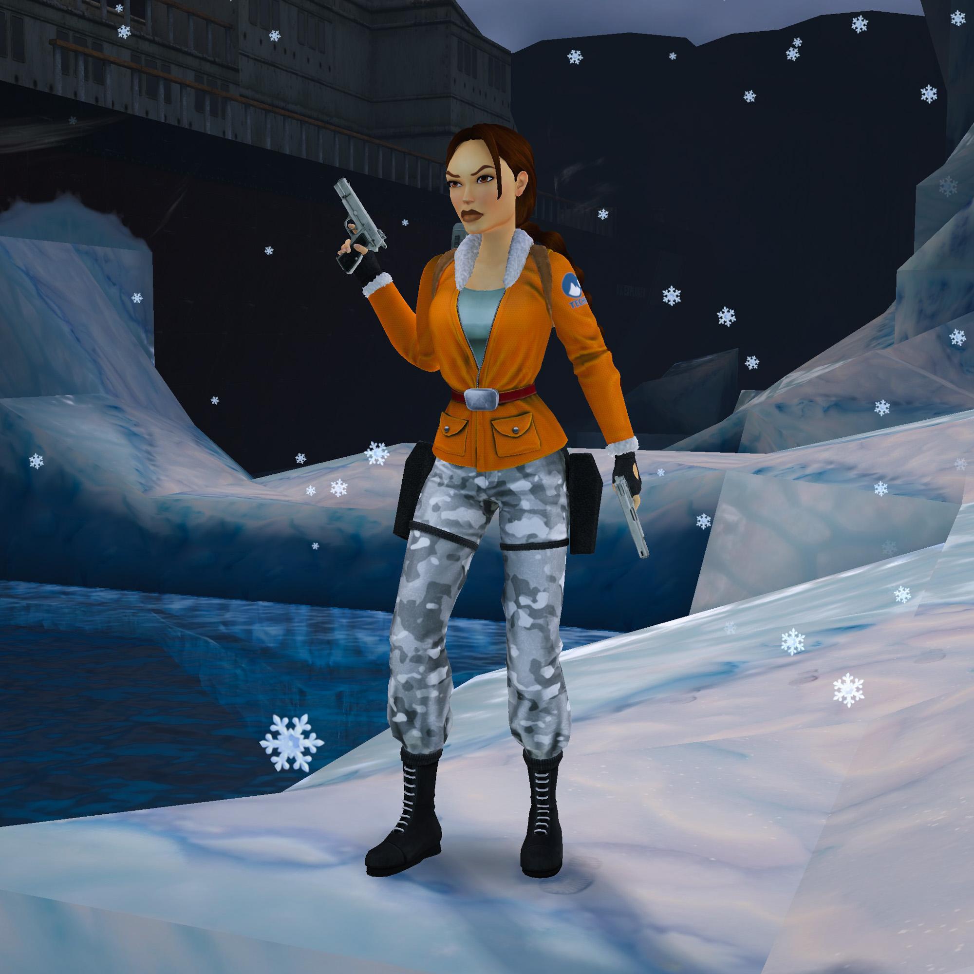 Lara Croft in Antarctica next to the RX Explorer ship, holding her dual pistols.