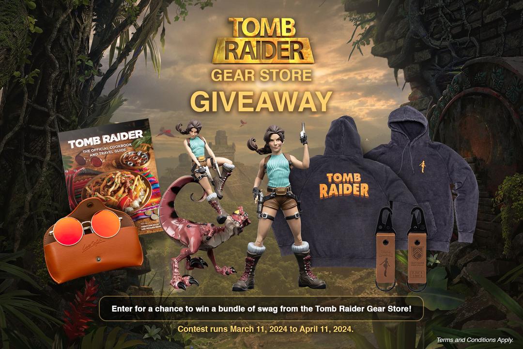 An image showing a bundle of Tomb Raider-themed swag available to win in a sweepstakes.