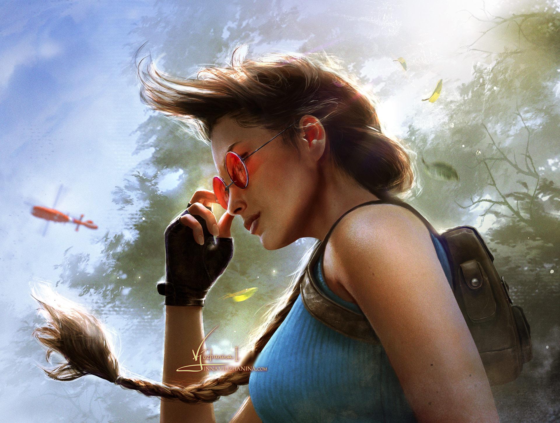 Lara Croft adjusting her red sunglasses while her braid sways on the wind.