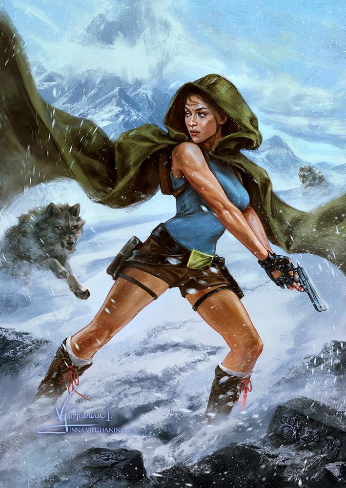 Lara Croft in the middle of the fight against wolves.
