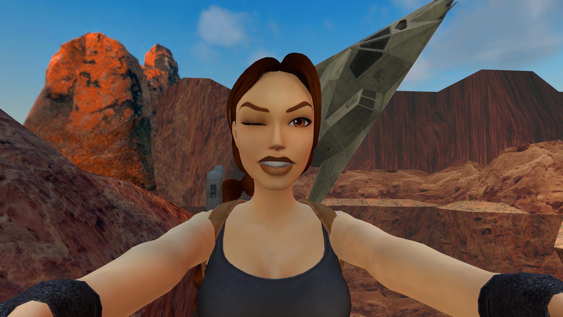 Lara Croft and an aircraft with the Saber logo in Nevada