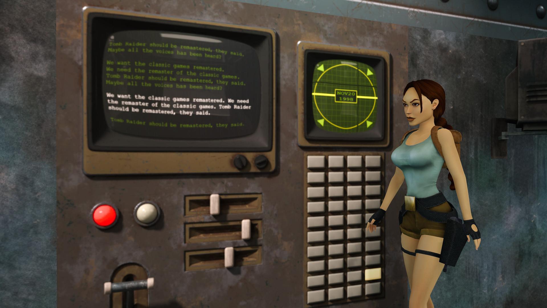 Lara next to a screen with a text depicting the fans being vocal about wanting remasters in the level Offshore Rig