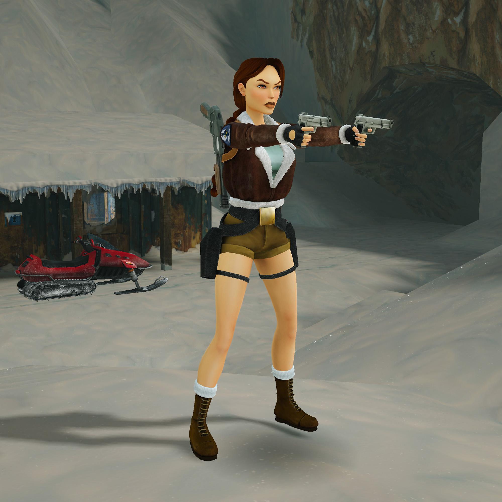 Lara Croft aiming her dual pistols with a red snowmobile behind her.