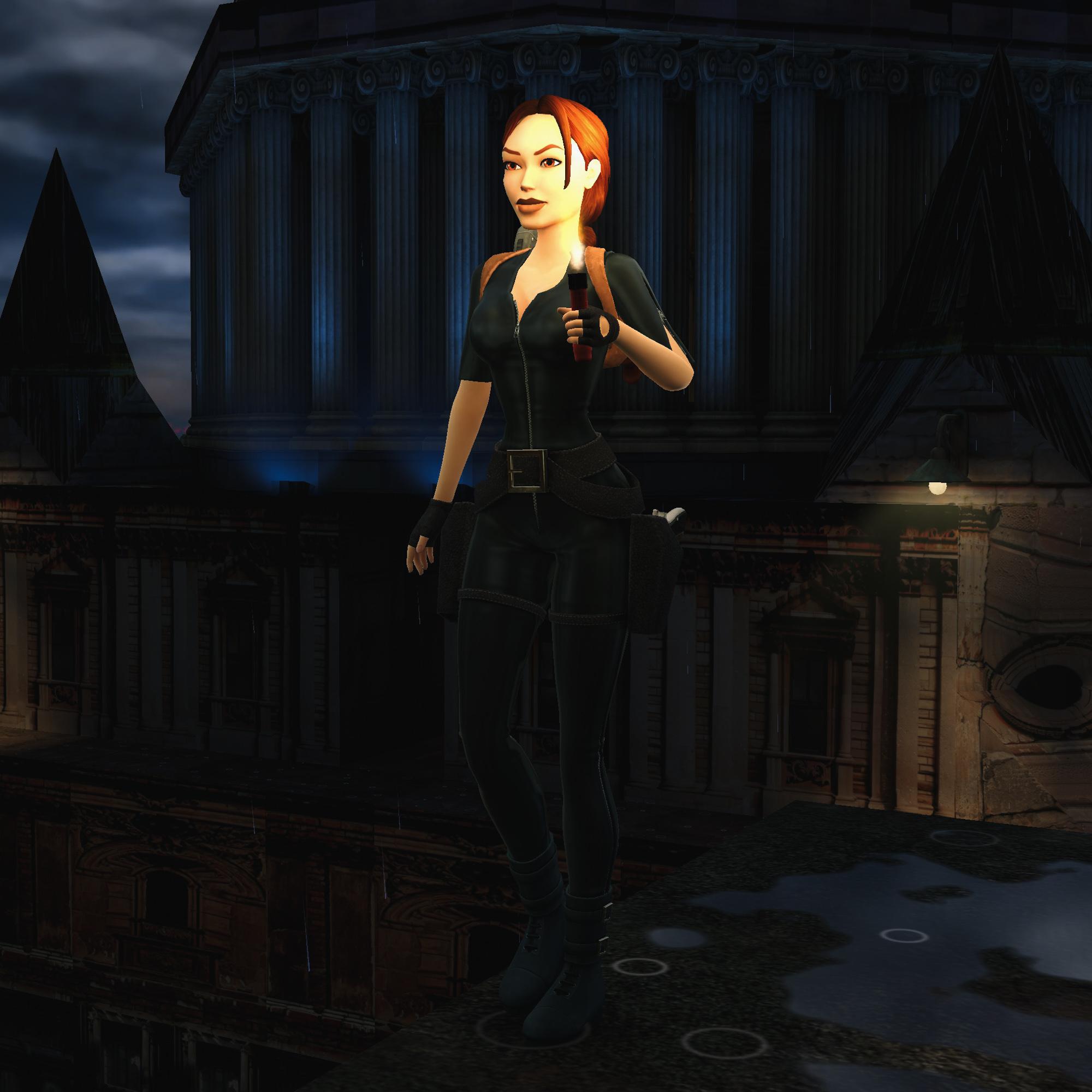 Lara Croft holding a lit flare on the roofs in London next to St. Paul's Cathedral.