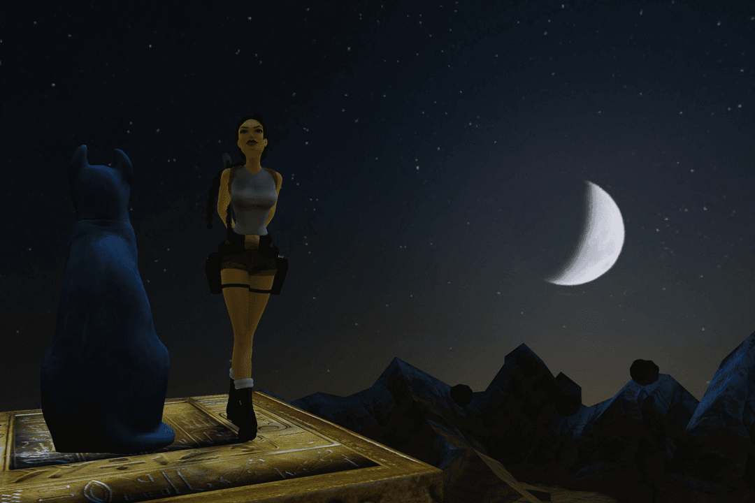 A Photo Mode shot of Lara Croft with the night sky behind her.