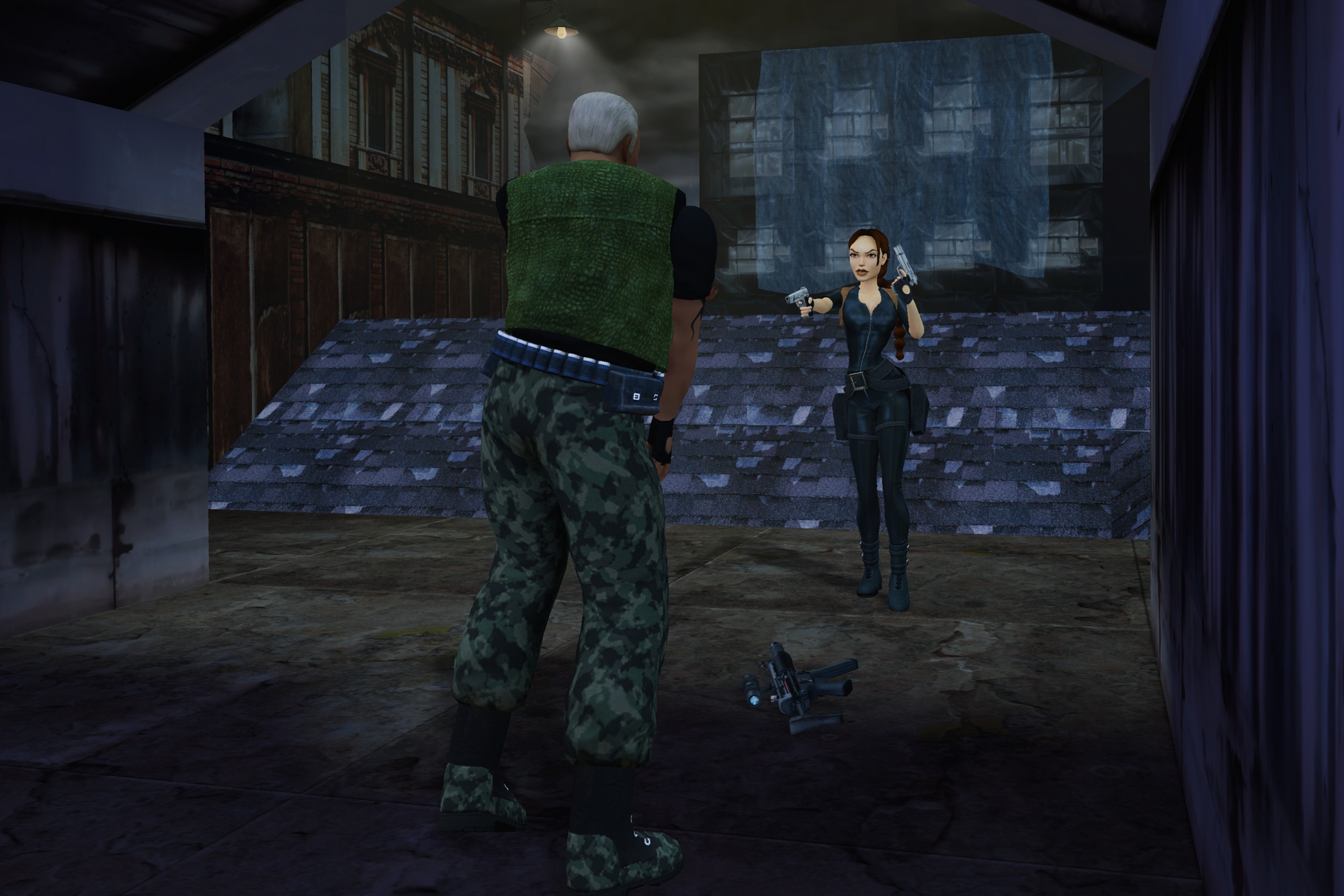 Lara interrogating Sophia's mercenary.