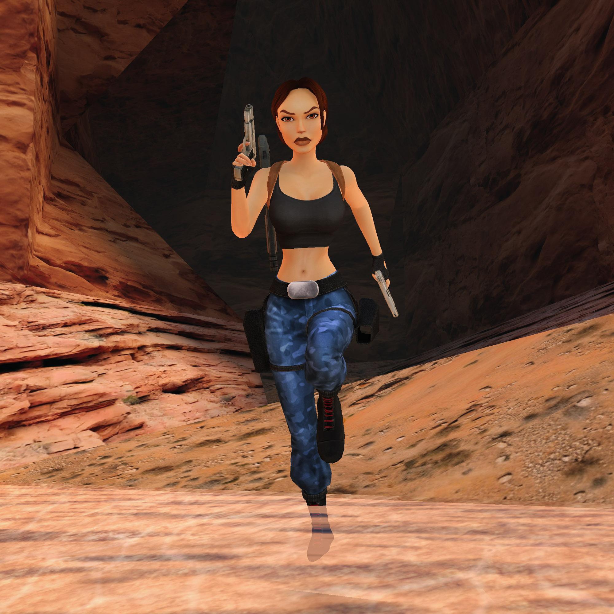 Lara Croft running whilst holding her dual pistols in Nevada.