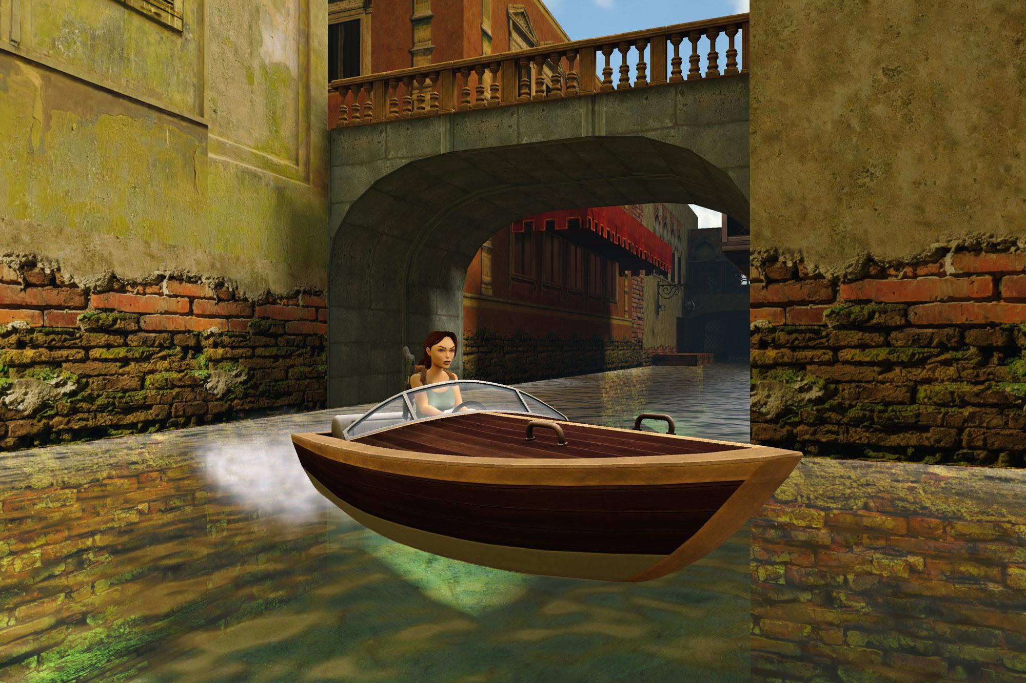 Lara speeding through a canal in Venice in a motorboat