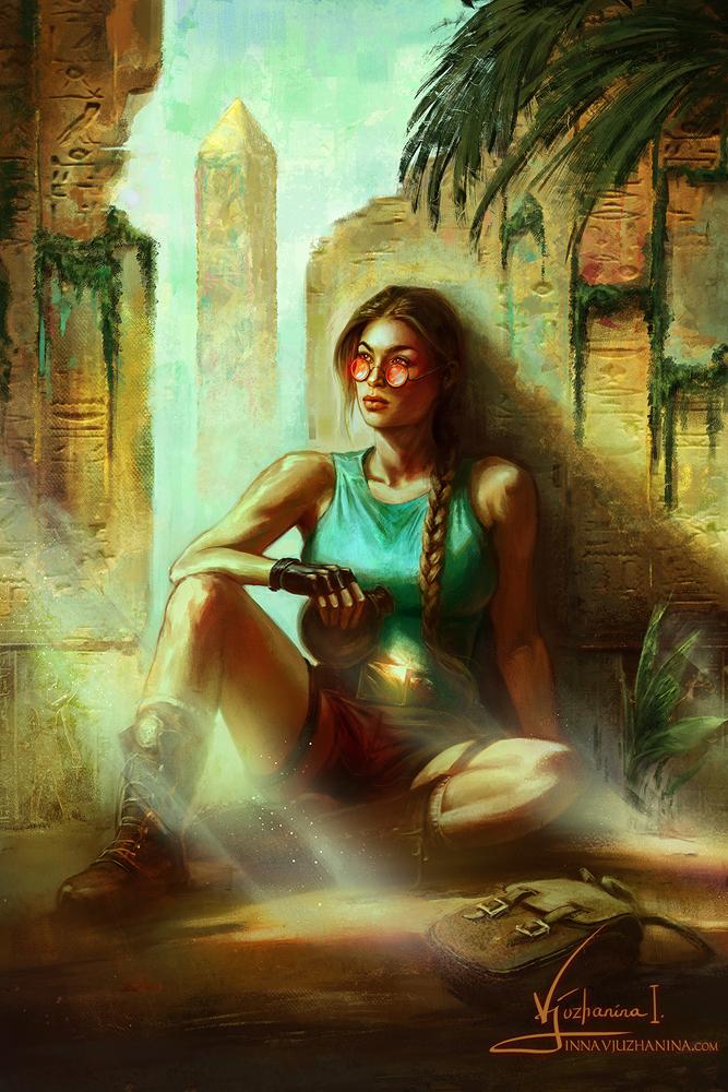 Lara Croft having a break, sitting on the floor somehwere in Egypt