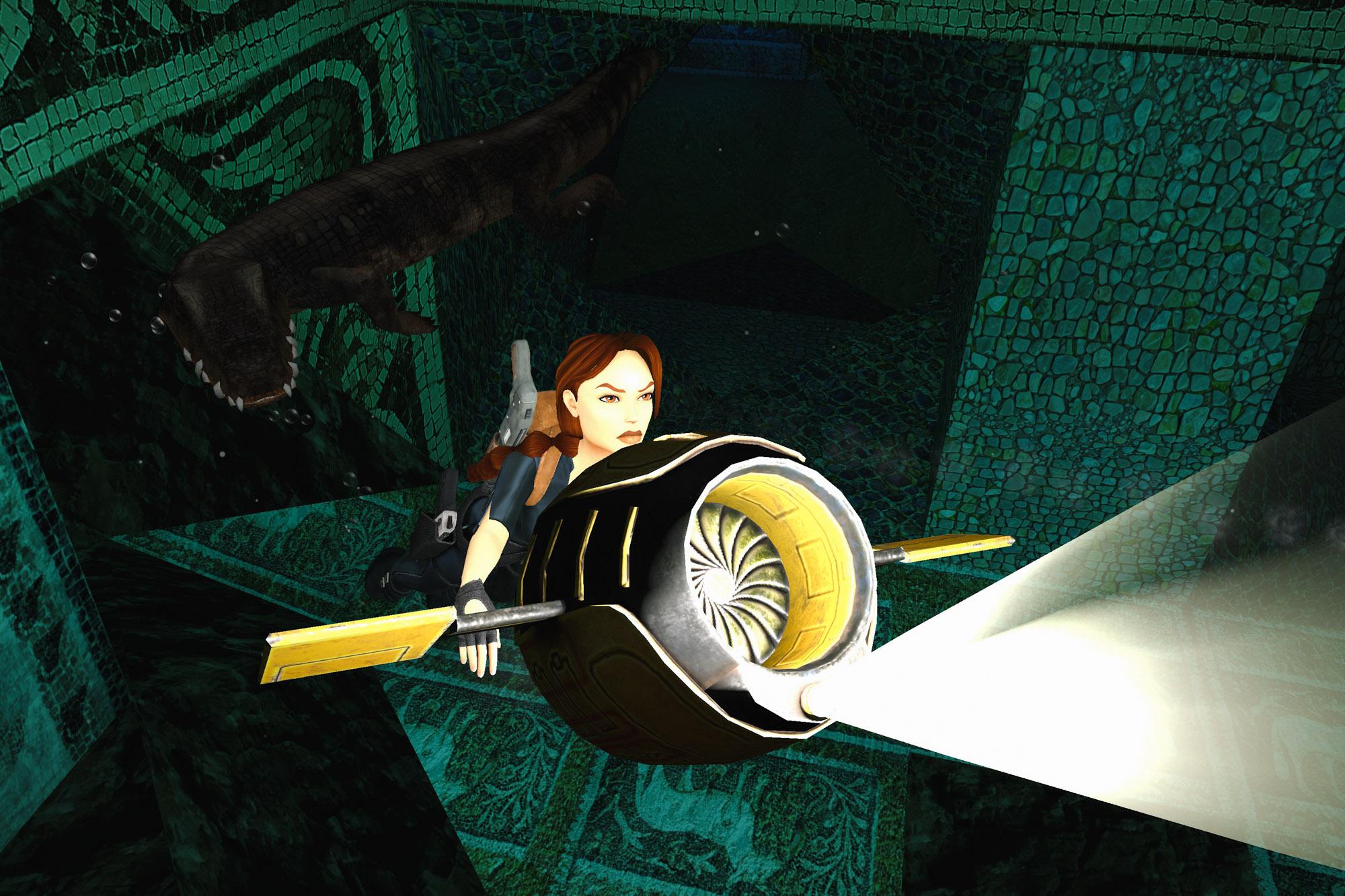 Lara using a UPV to navigate the underwater tunnels in Lud's Gate