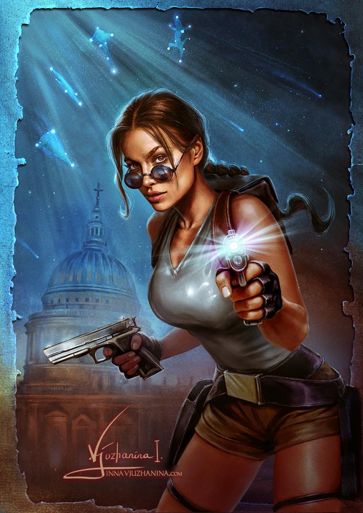 Lara Croft holding her iconic dual pistols.