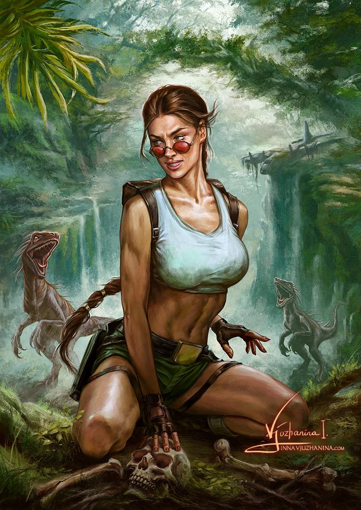 Lara Croft touching a skull while raptors circle her.