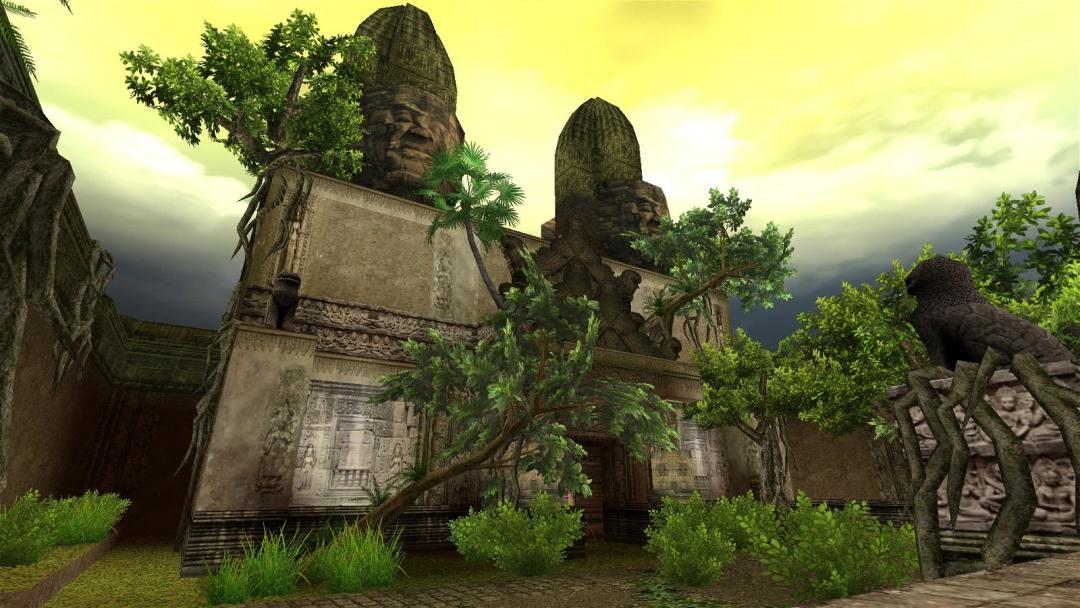 A screenshot from a "Tomb Raider" video game showing an ancient temple with large stone faces and lush vegetation under a yellow-tinted sky.
