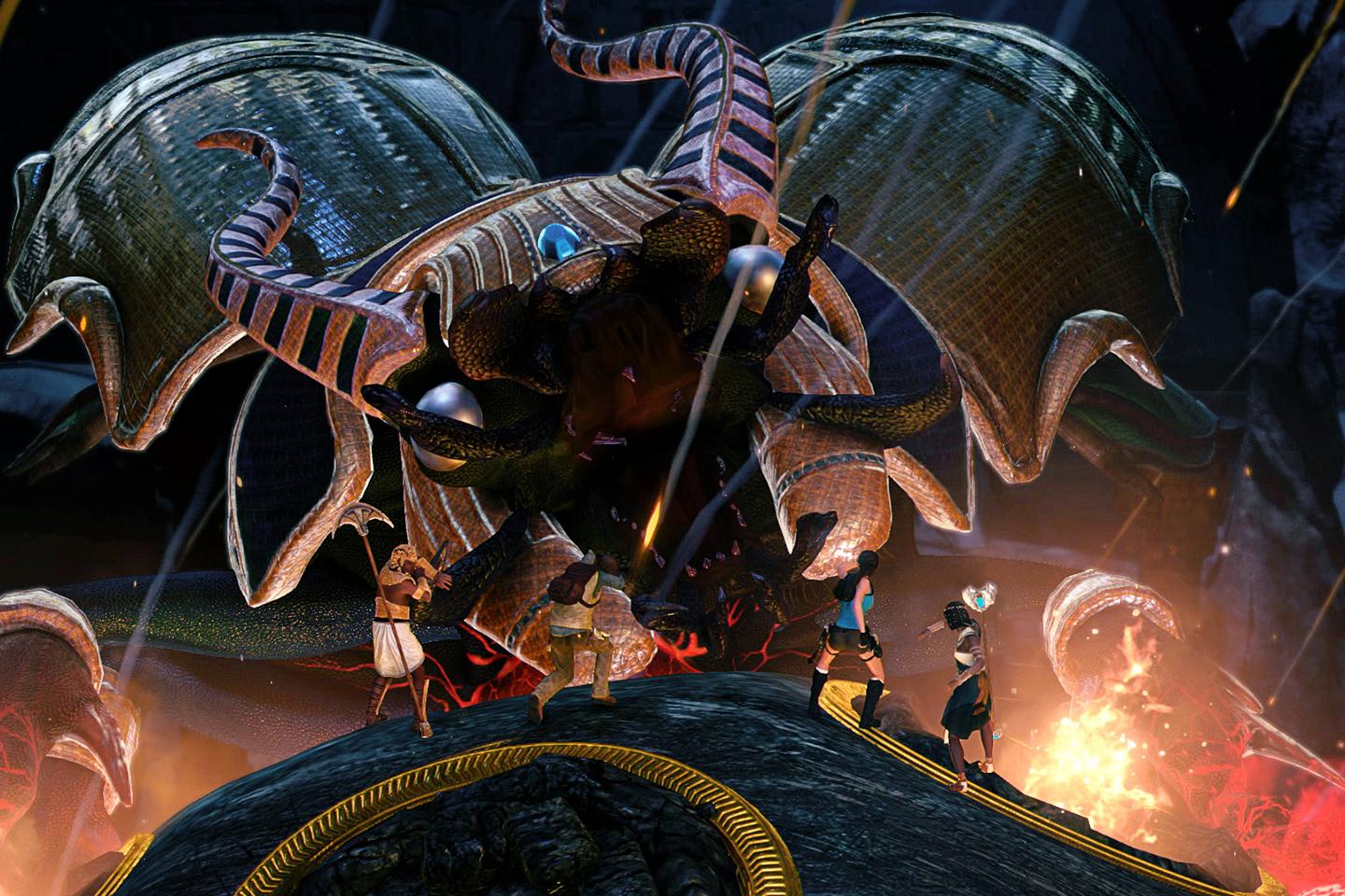 A dramatic moment from a Tomb Raider game, showing characters in a heated battle with a giant multi-headed snake statue, amidst a backdrop of fiery chaos.