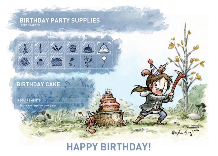 A card of Lara Croft crafting a birthday cake.