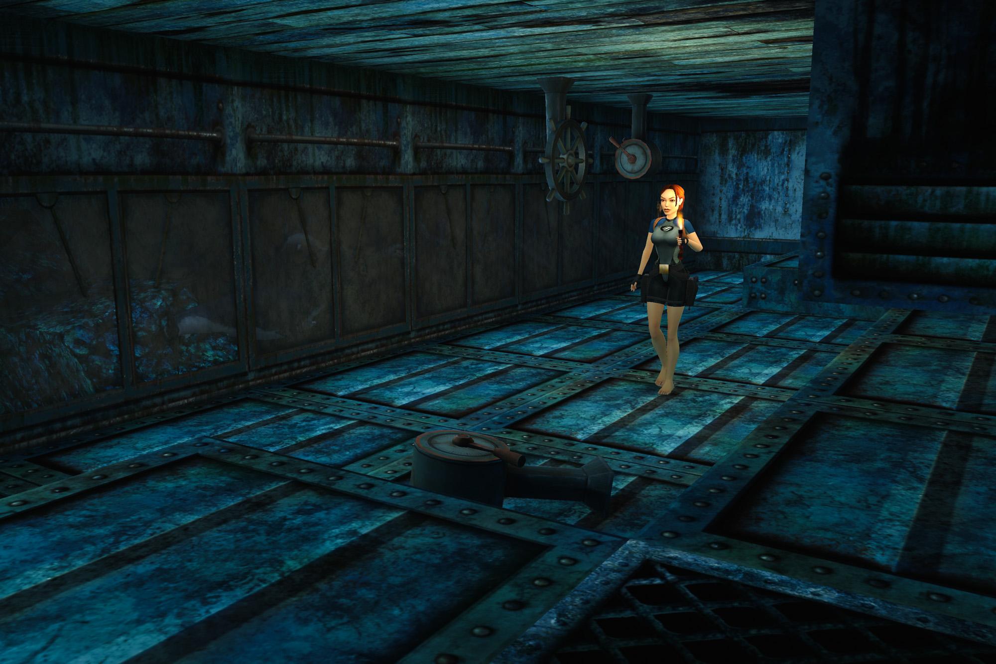 Lara Croft holding a flare and walking on the upside-down bridge in the Wreck of Maria Doria