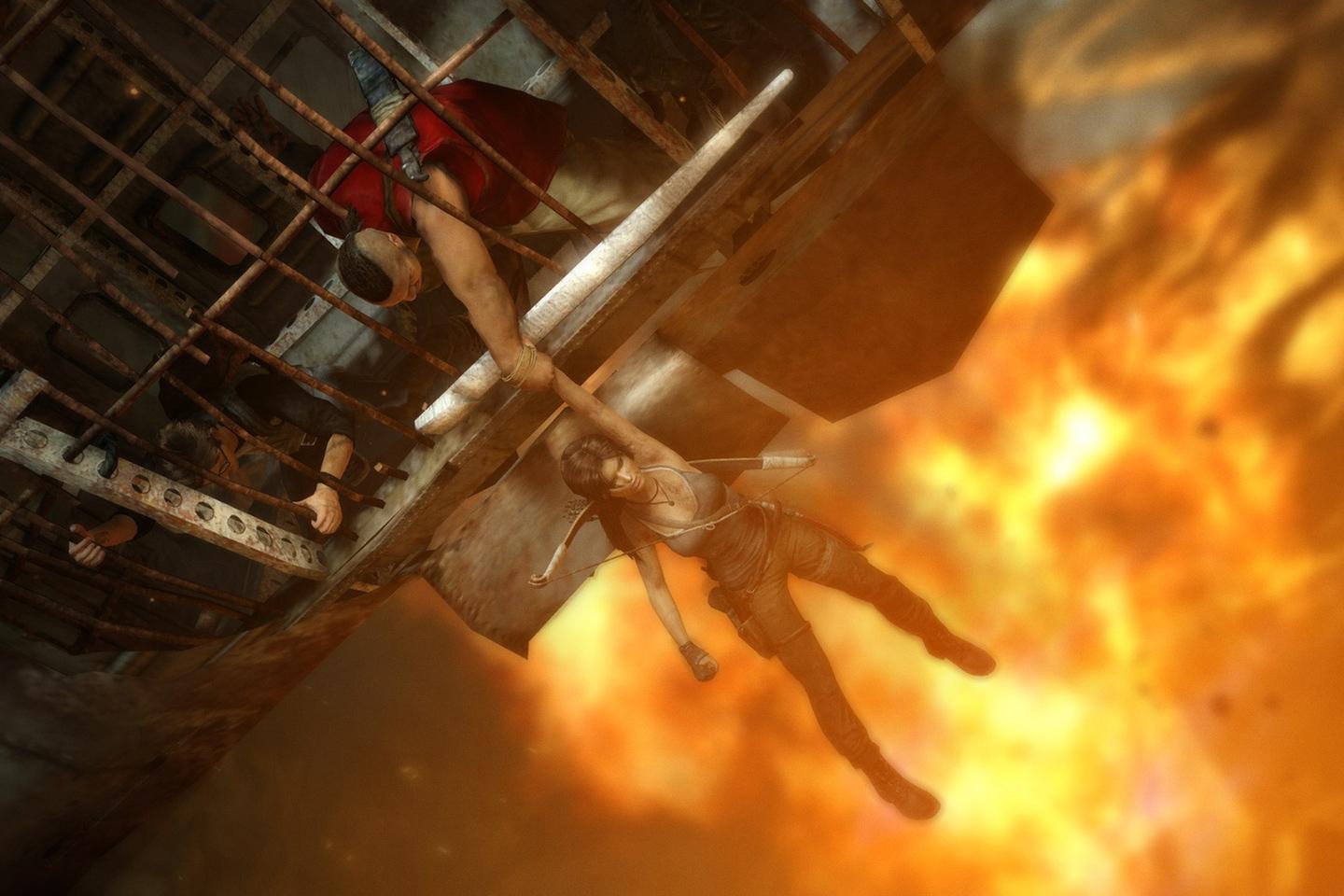 Lara being held up by person in cage as she dangles over lava.