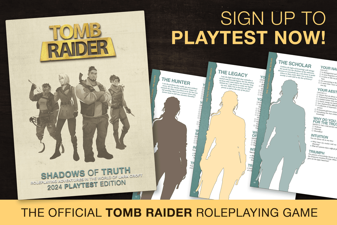 A work-in-progress cover of Tomb Raider: Shadows of Truth, the upcoming Tomb Raider tabletop RPG. Text says "Sign up to playtest now!"