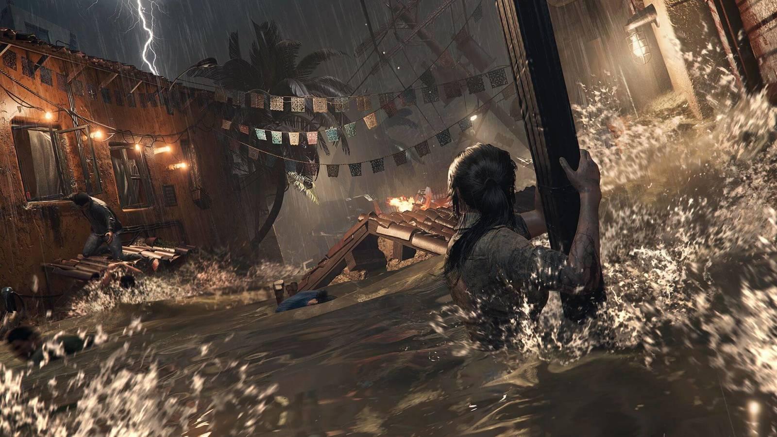 Lara Croft braves a stormy sea, gripping a ship's mast in turbulent waters, with lightning streaking the sky in this gripping Tomb Raider moment.