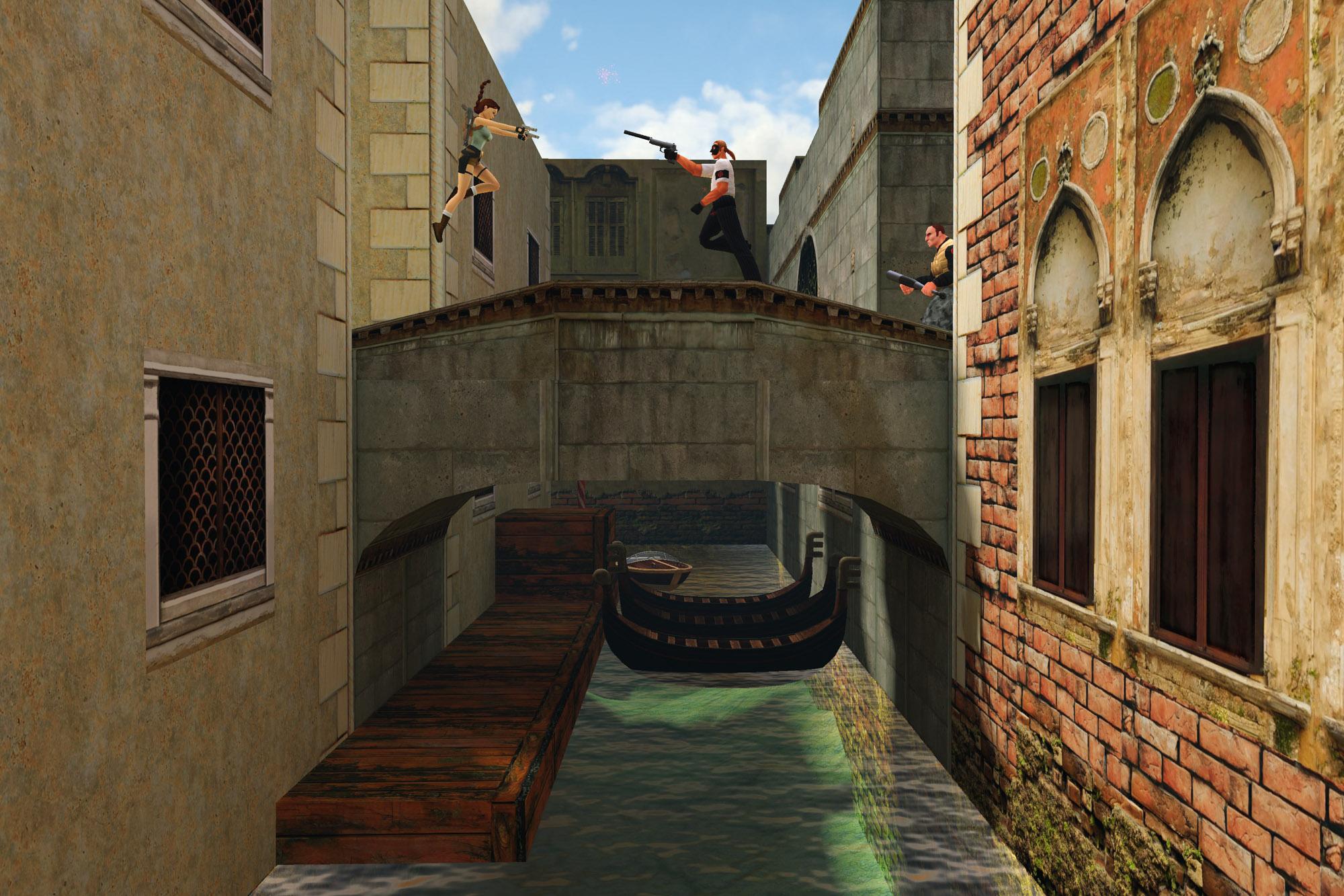Lara Croft fighting the Fiamma Nera goons in Venice.