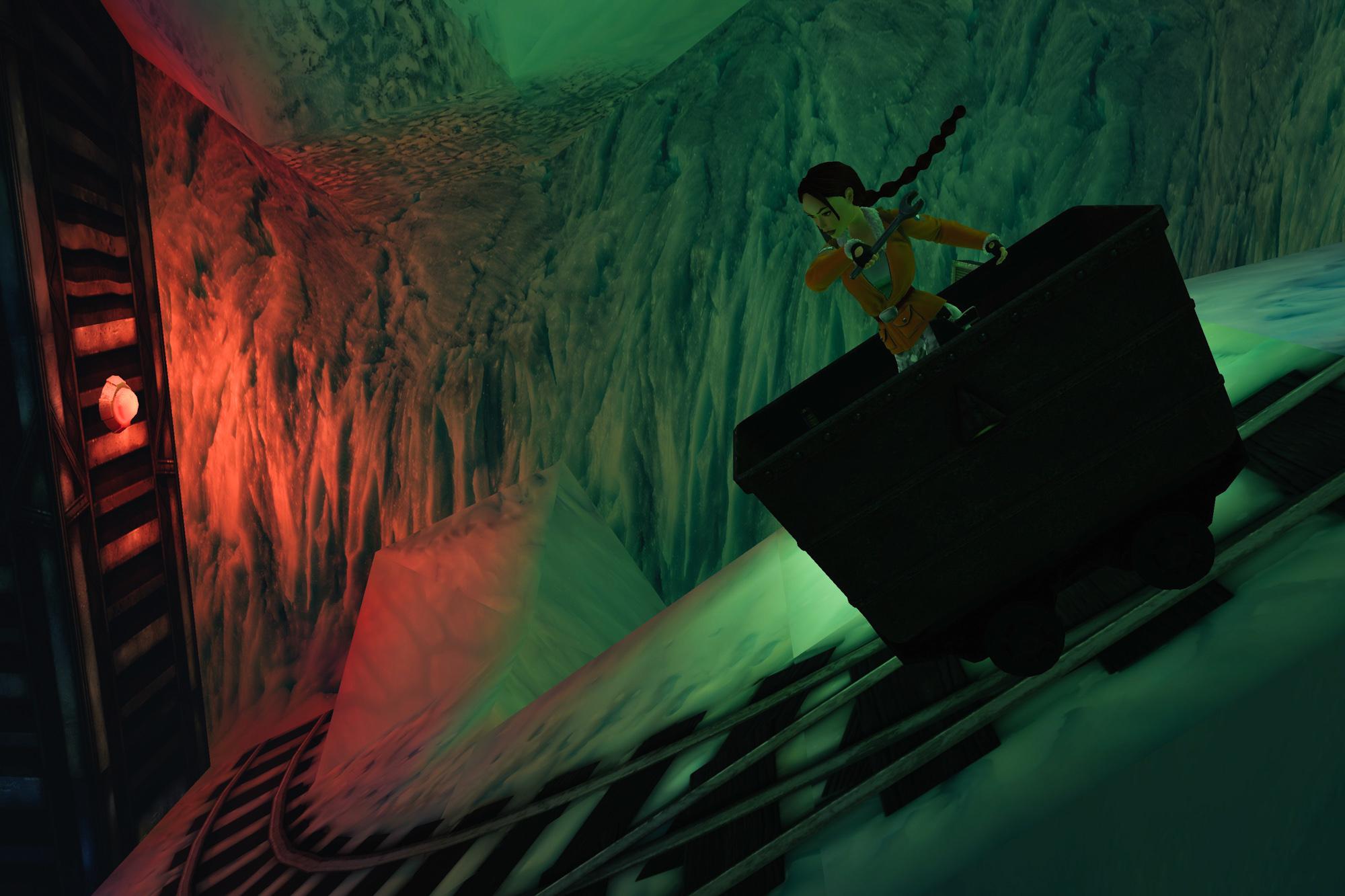 Lara in a mine cart in RX-Tech Mines going down a slope