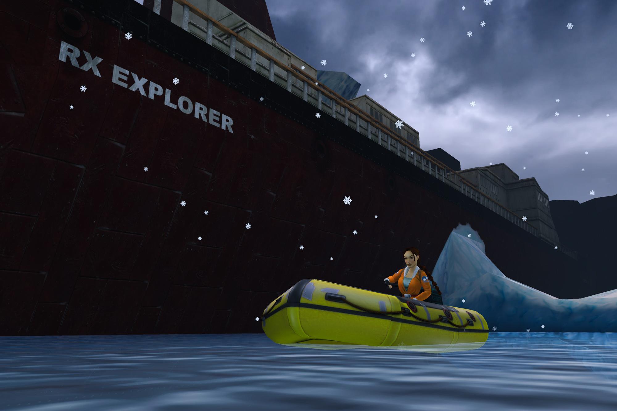 Lara in a dinghy in Antarctica next to the RX Explorer ship