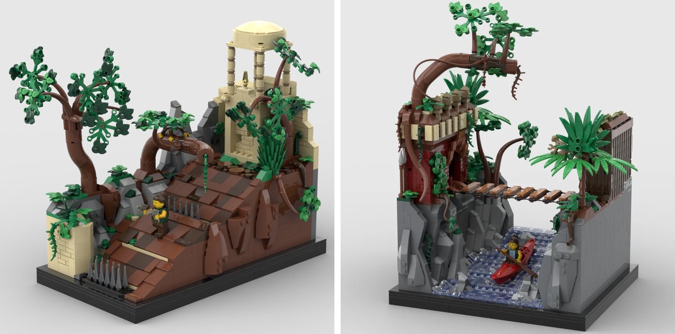 Tomb Raider level sets (Jungle, Madubu Gorge) made with LEGO Bricklink Studio.