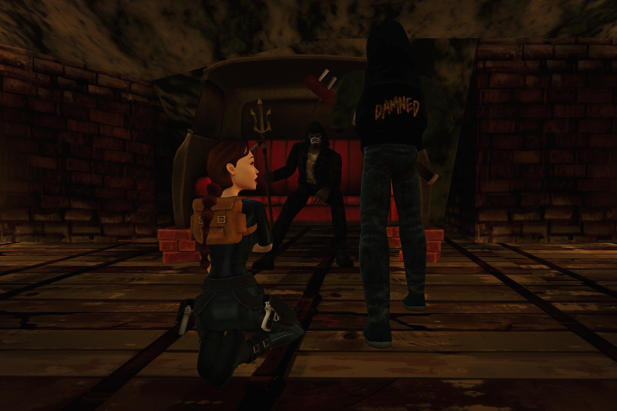 Geordie Bob sitting in his makeshift throne with one of the Damned members while Lara's kneeling on the floor.