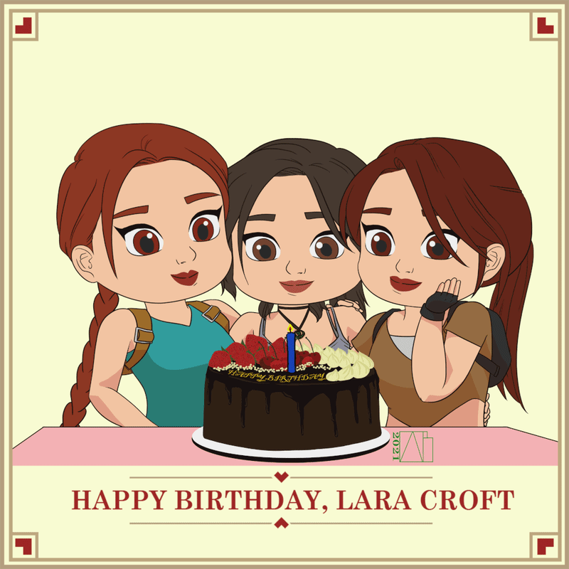 An image of classic, LAU, and survivor Lara Croft all blowing out candles on her cake.  The description reads: "Happy Birthday Lara Croft".