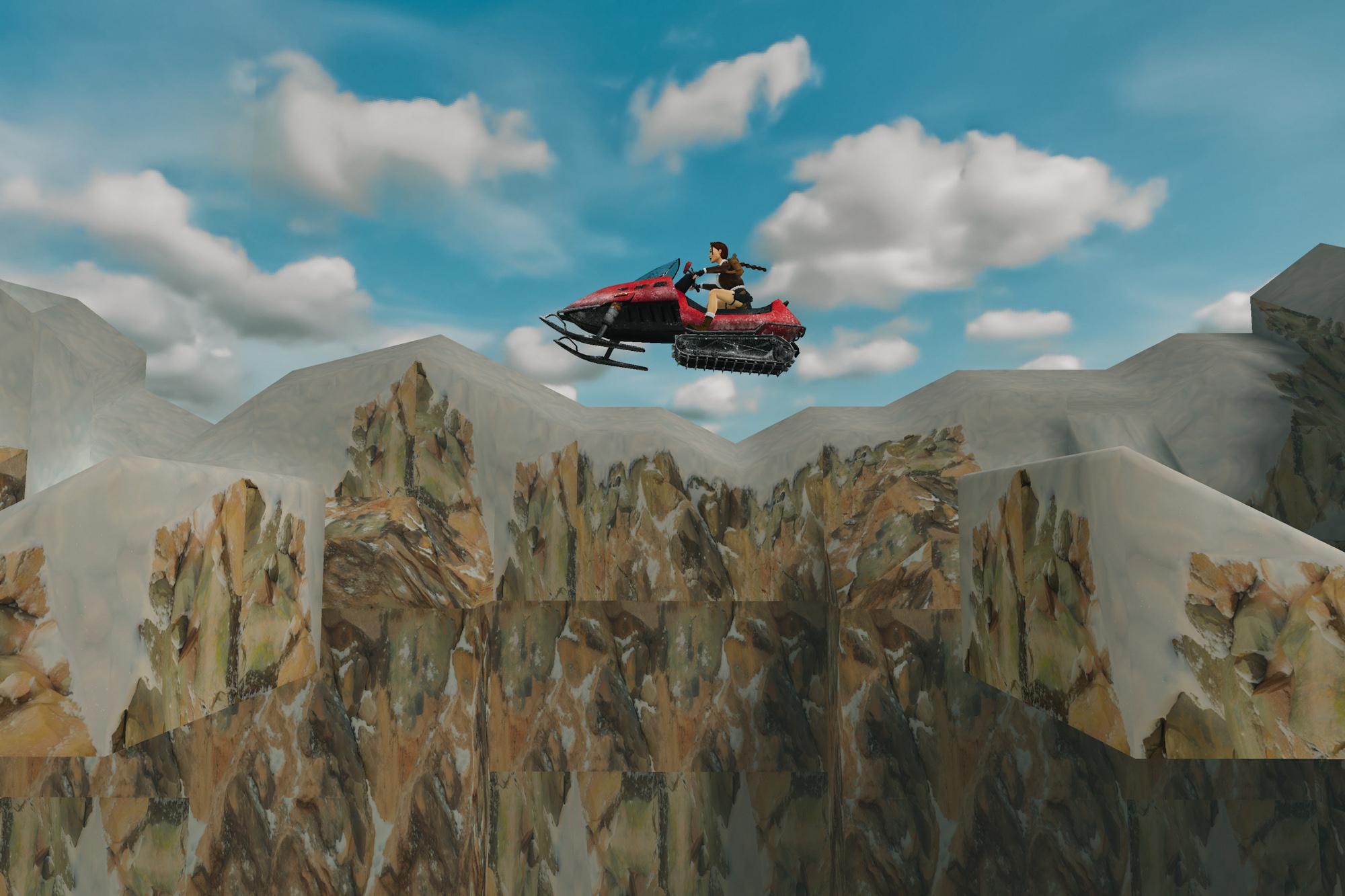 Lara jumping over a large gap in a red snowmobile in Tibetan Foothills