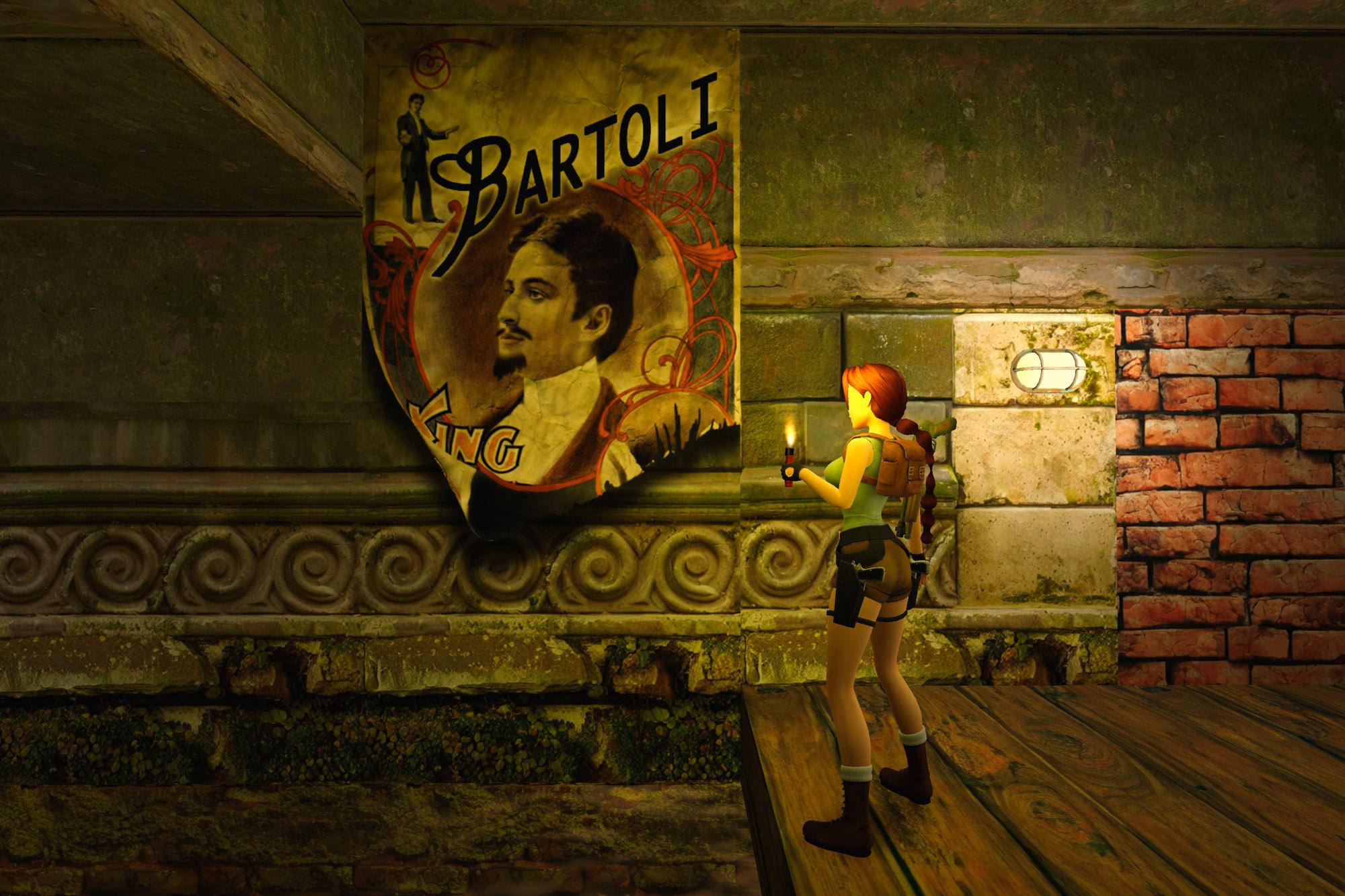 Lara with a lit flare looking at a poster of Gianni Bartoli.