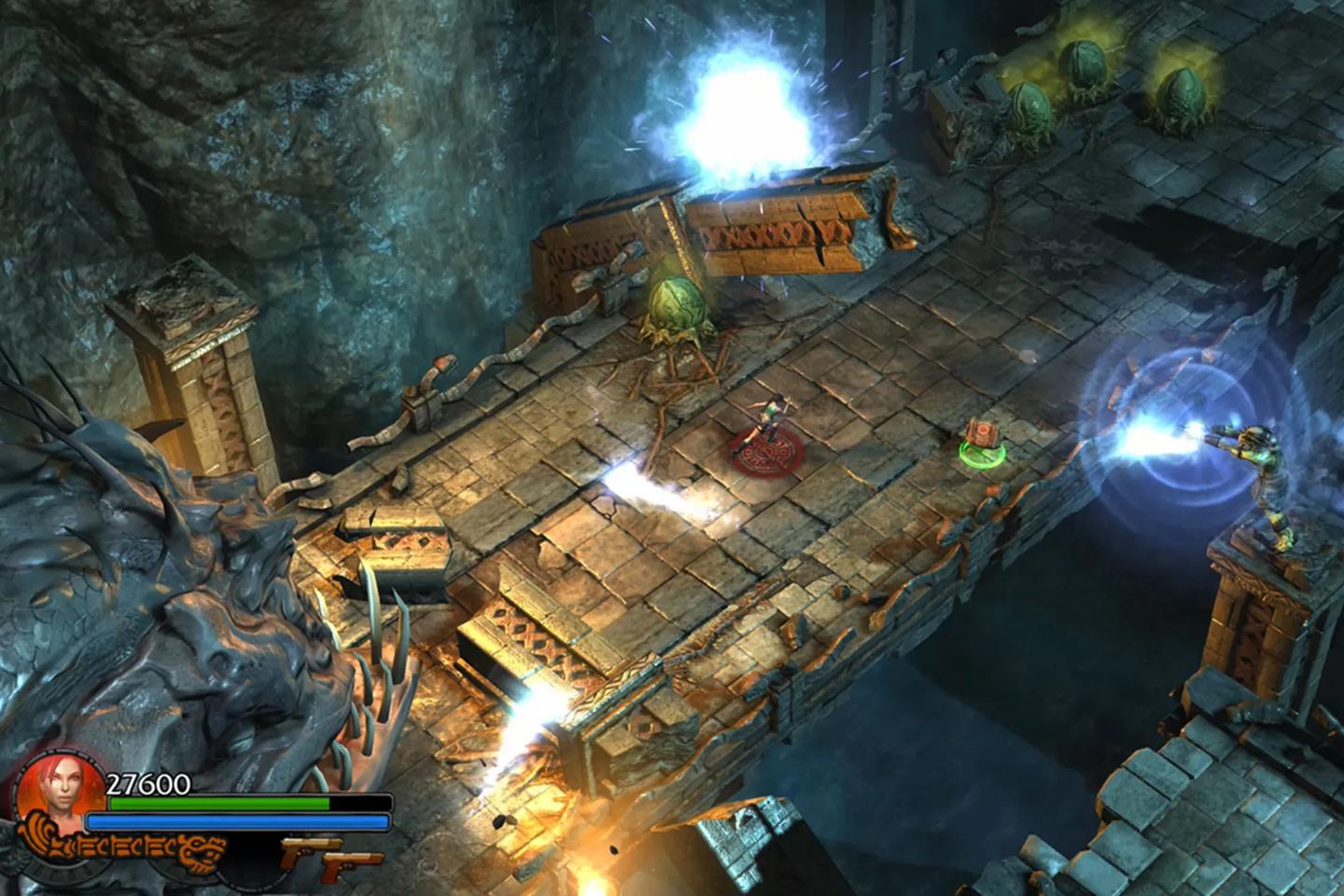 A screenshot from a Tomb Raider game showing characters engaged in combat on an ancient stone bridge over a deep chasm, with magical effects and artifacts surrounding the action.