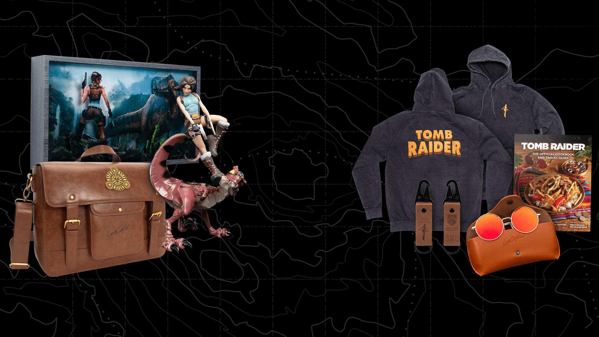 Assorted Tomb Raider Merchandize in front of a black topographic pattern