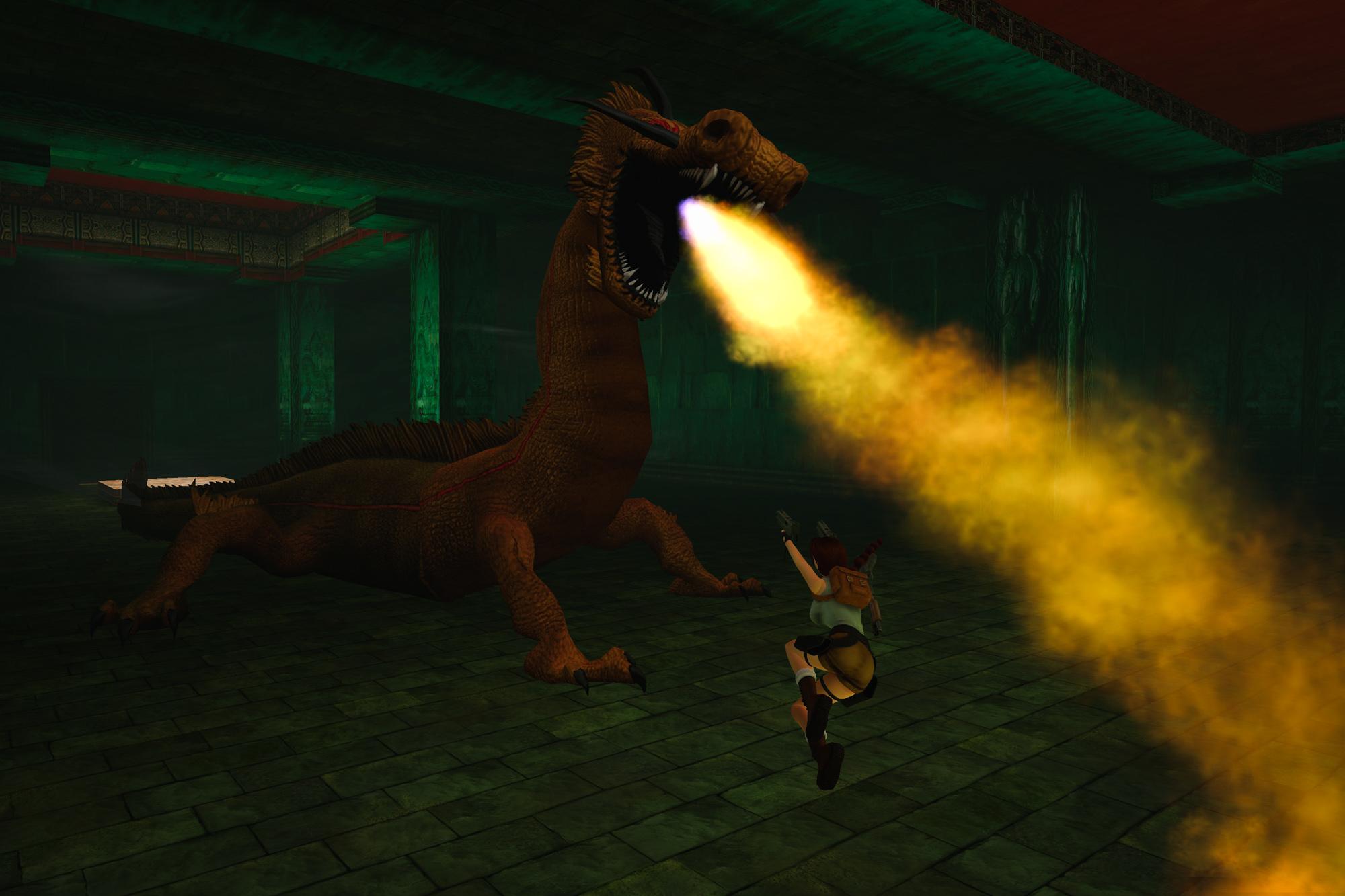 Marco Bartoli in the Dragon form, spitting fire at Lara.