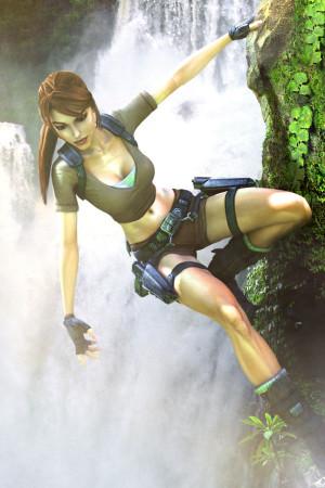 Lara Croft from Tomb Raider: Legend hanging off a cliff in front of a waterfall. 