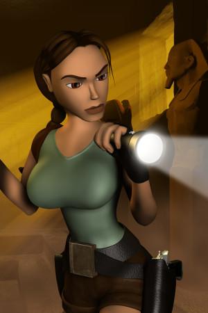 An image of Lara Croft in an Egyptian tomb holding her pistol and a flashlight. 