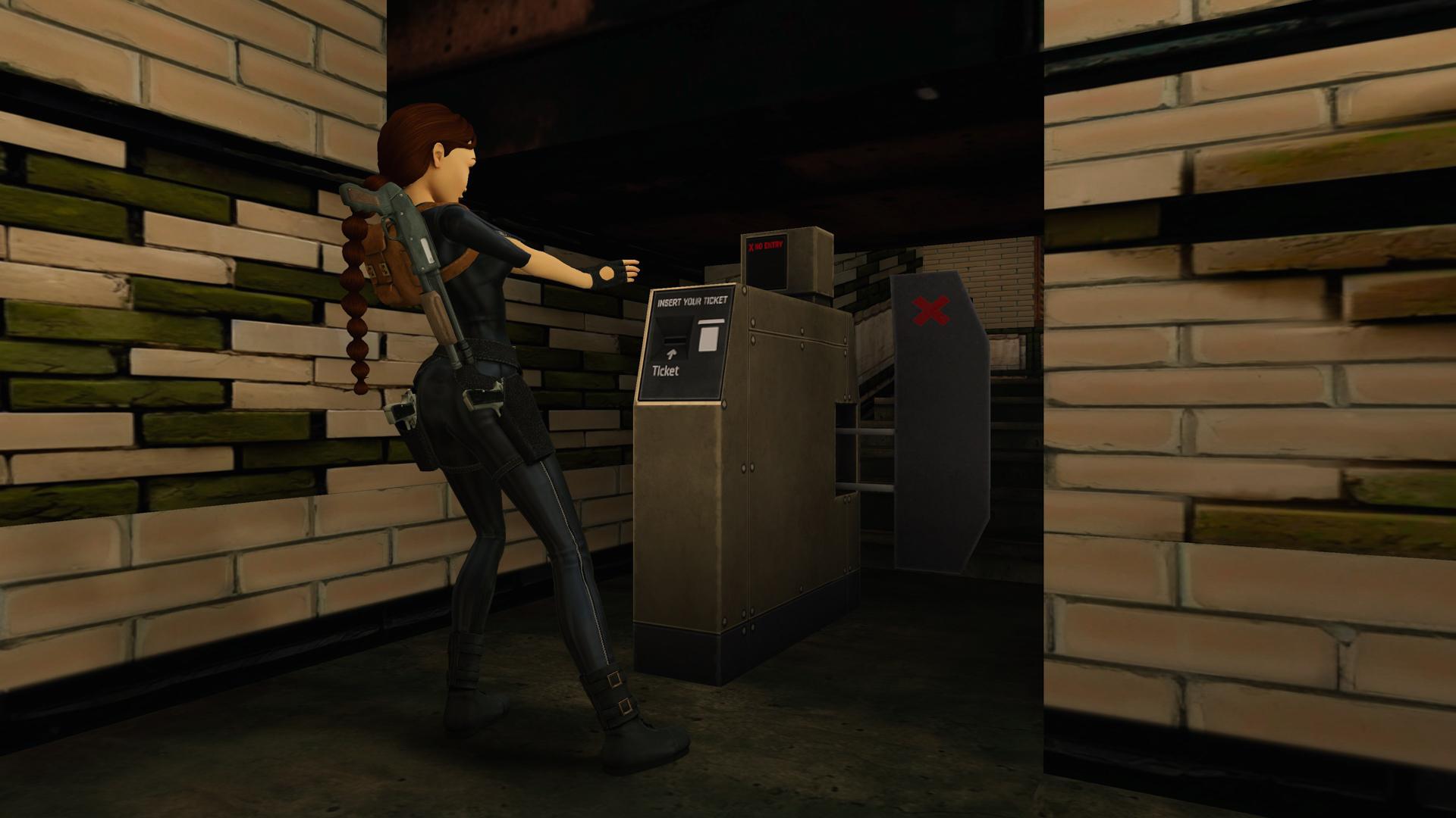 Lara Croft at a turnstile in Tomb Raider III's Aldwych level.