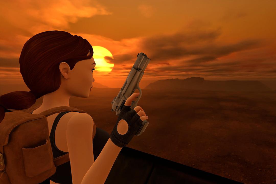 A fan screenshot of Lara standing in front of an orange setting sun.