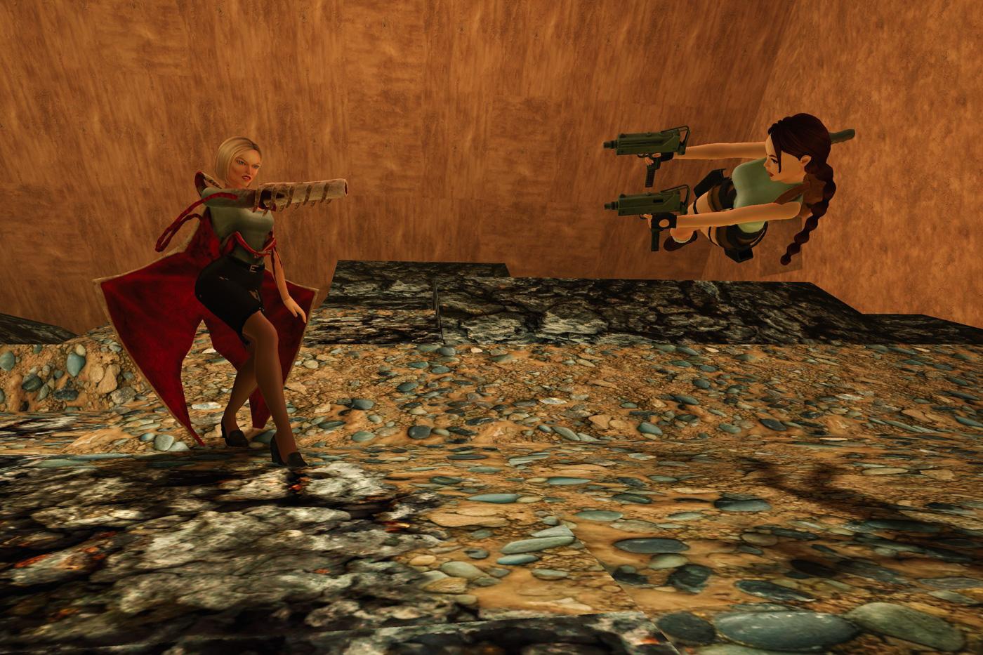 Natla and Lara facing their weapons at each other.