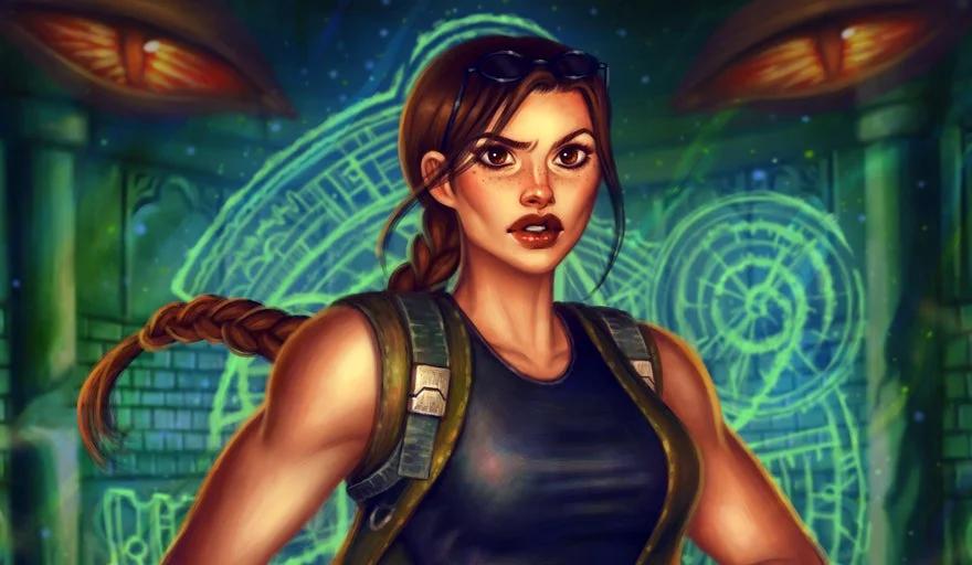 A vibrant digital painting of Lara Croft with a detailed background featuring ancient symbols and glowing lights.