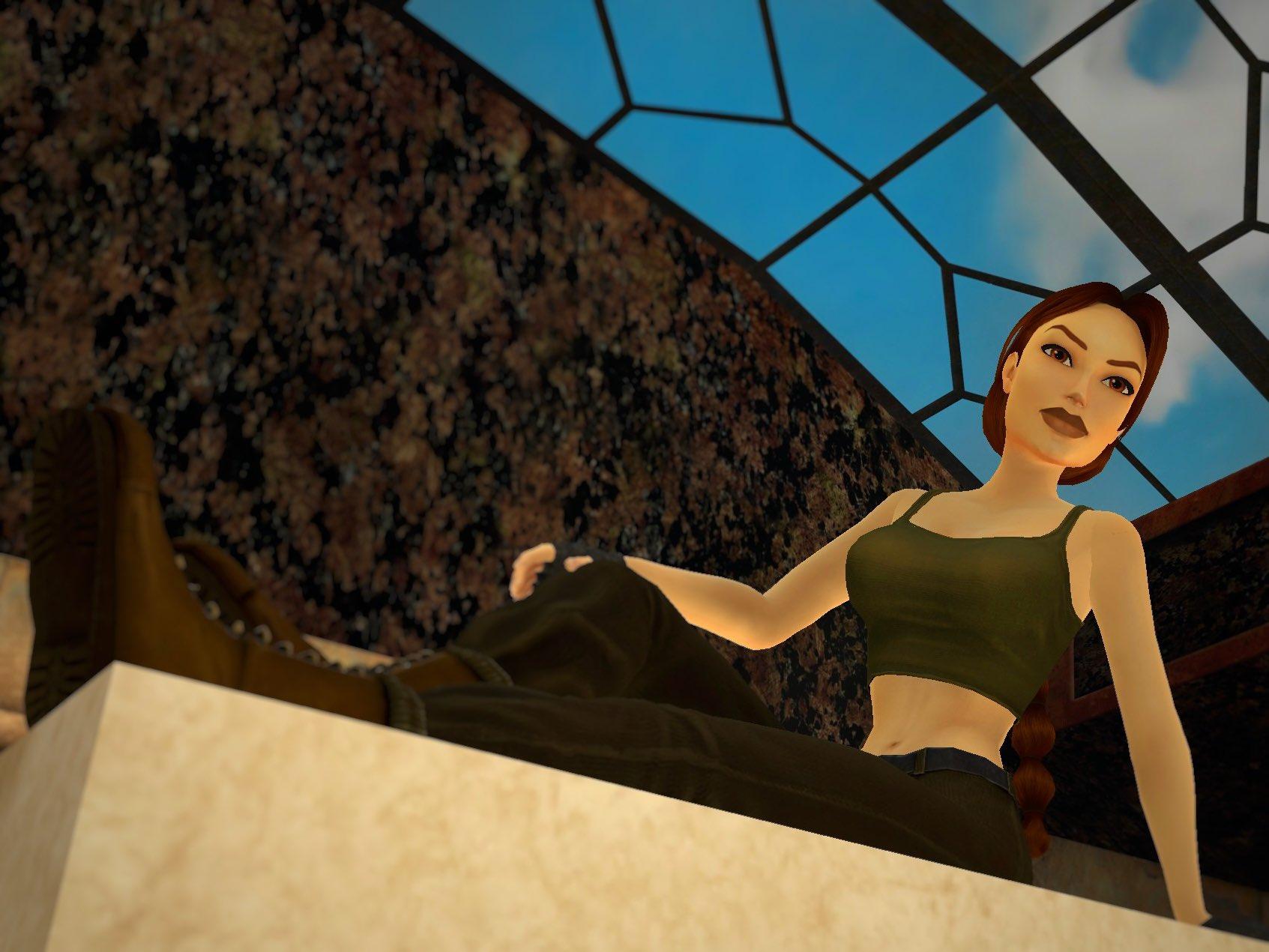 Photo Mode screenshot of Lara Croft sitting by her pool in Tomb Raider I-III Remastered.