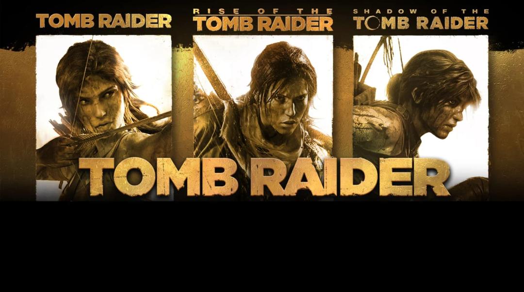A montage of three action poses of Lara Croft from the games "Tomb Raider," "Rise of the Tomb Raider," and "Shadow of the Tomb Raider," with the series title below.