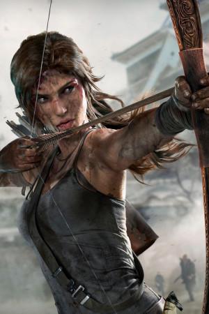Lara Croft pointing a flaming arrow off screen. 