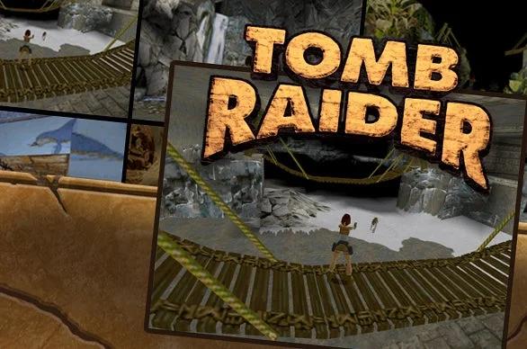 A collage of in-game screenshots from the original "Tomb Raider" game, featuring Lara Croft exploring various ancient and treacherous environments.