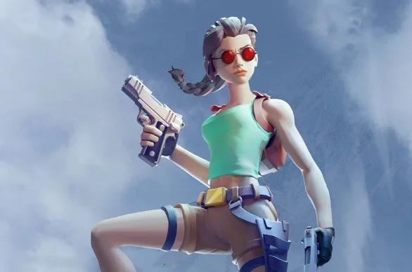 A 3D rendered image of Lara Croft in a modern, casual outfit holding a pistol against a clouded sky background.