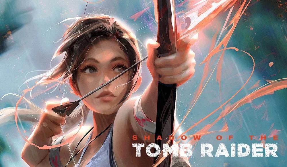 A vibrant promotional artwork for "Shadow of the Tomb Raider" featuring a stylized depiction of Lara Croft drawing an arrow on a bow, with dynamic red and blue streaks in the background.